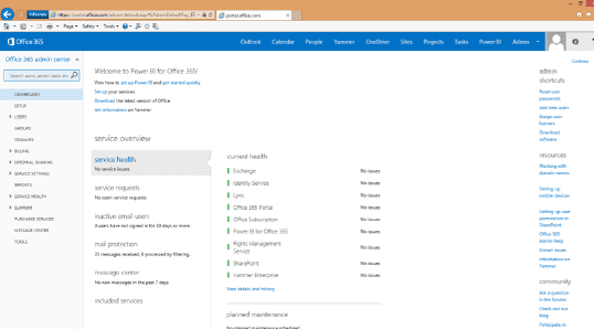 Figure 1: Office 365 Administrator Dashboard